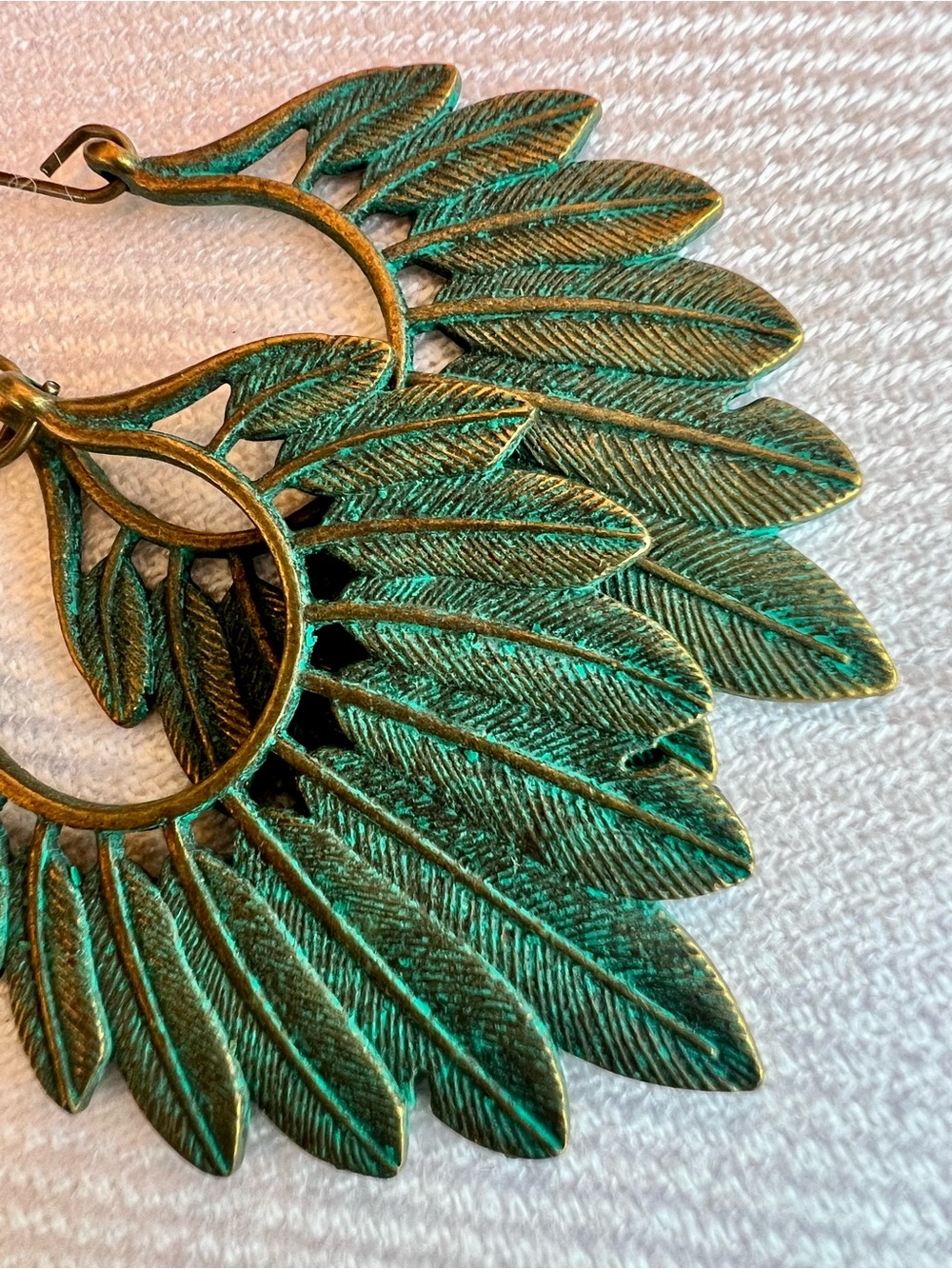 Boho Green & Bronze Feather Cascade Hoop Earrings